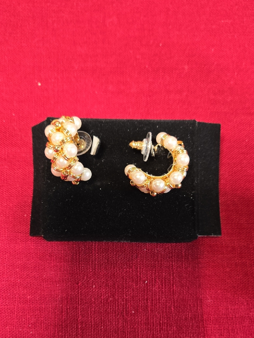 Avon 1995 Gold Pearl Beaded Hoop Earrings - Women Jewelry